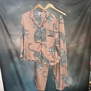 Victorias Secret Satin Pajama Set XXL Pink Leopard Cheetah Print PJ Sleepwear
